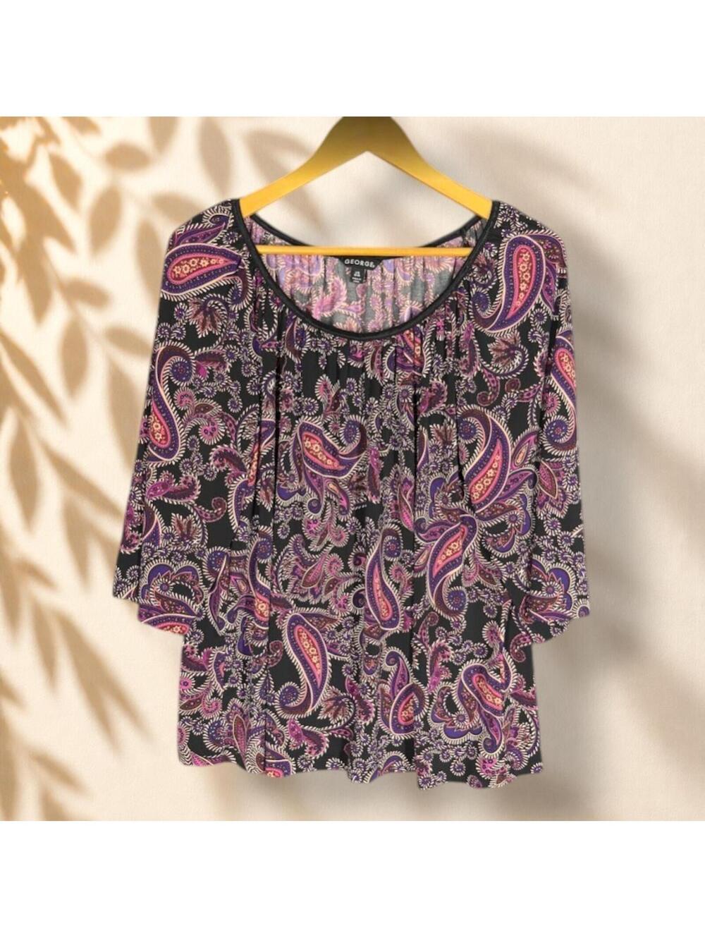 George Blouse Women L Large Black Paisley 3/4 Sleeve Round Neck Pullover Casual